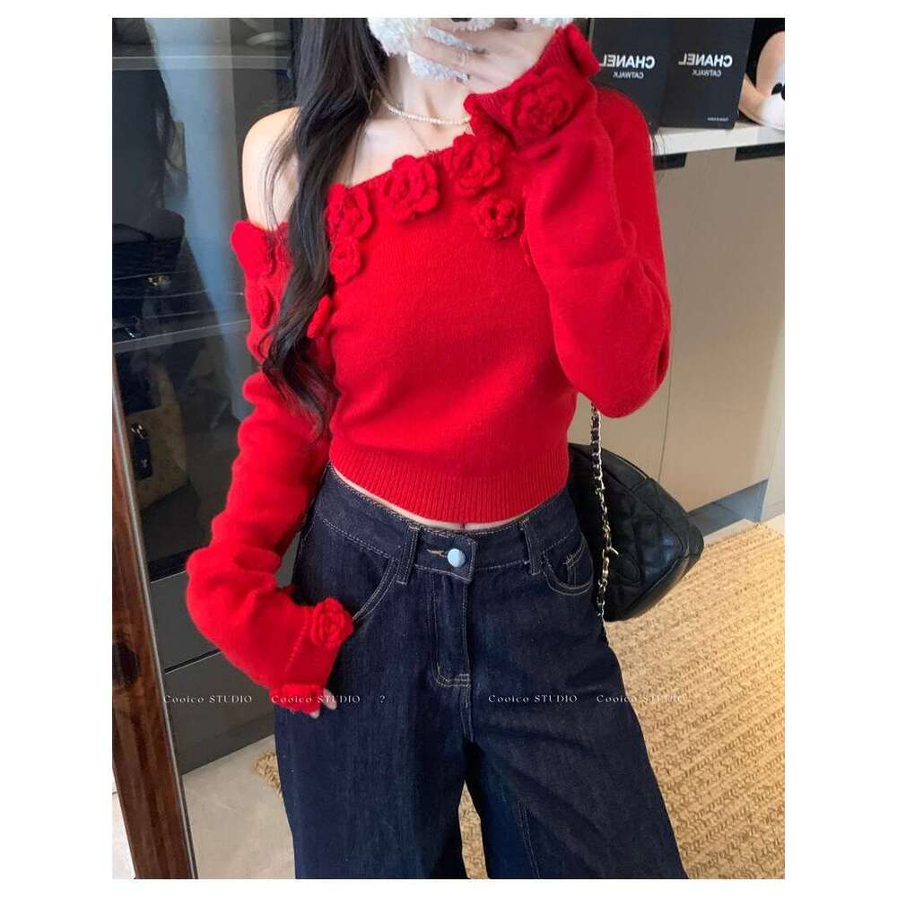New Design: Three-Dimensional Floral Off-Shoulder Elegant Long-Sleeve Knit Sweater Women Slim-Fit Versatile Top For Autumn Luanyun