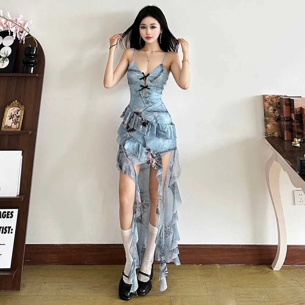 SylCue Irregular Patchwork Dress Women Sexy Sling V-Neck Backless Off Shoulder Ruched Ruffles Tassel Street Elegant Vestidos M260304