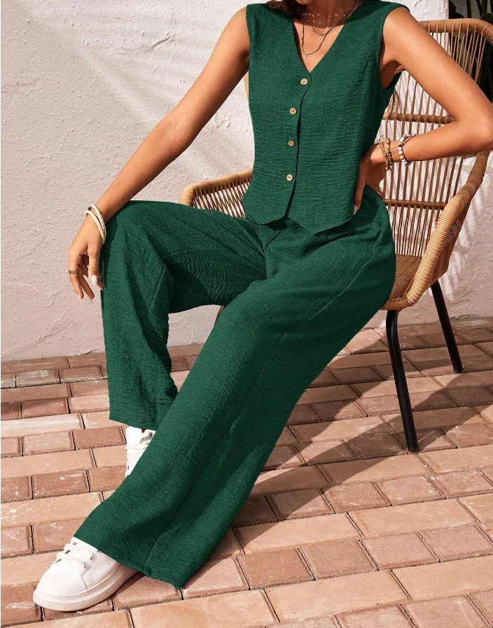Summer Cotton Linen Women V-Neck Vest Front Button Vest Trousers Casual Suit Women Short Vest Top Pants Two Peice Set 260228