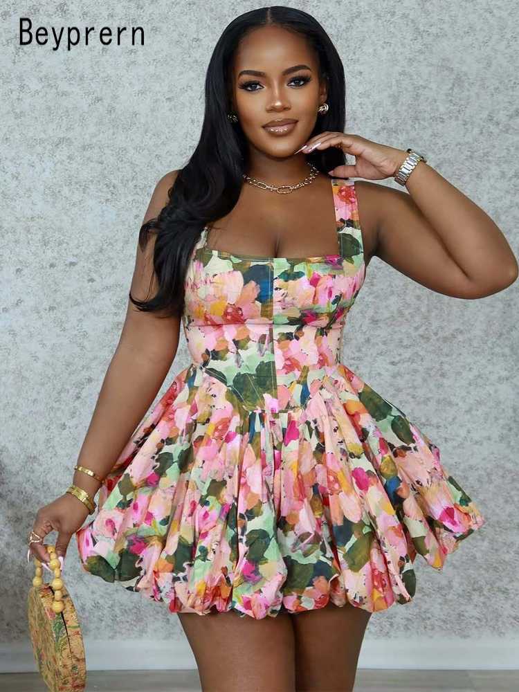 Beyprern Stylish U Neck Floral Bubble Hem Mini Dress Summer Sundress Chic Womens Sleeveless Flower Short Dress Vacation Outfits M260304