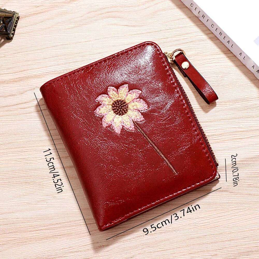 Red retro floral pattern short wallet, classic clutch purse and coin purse, textured card holder. C260304