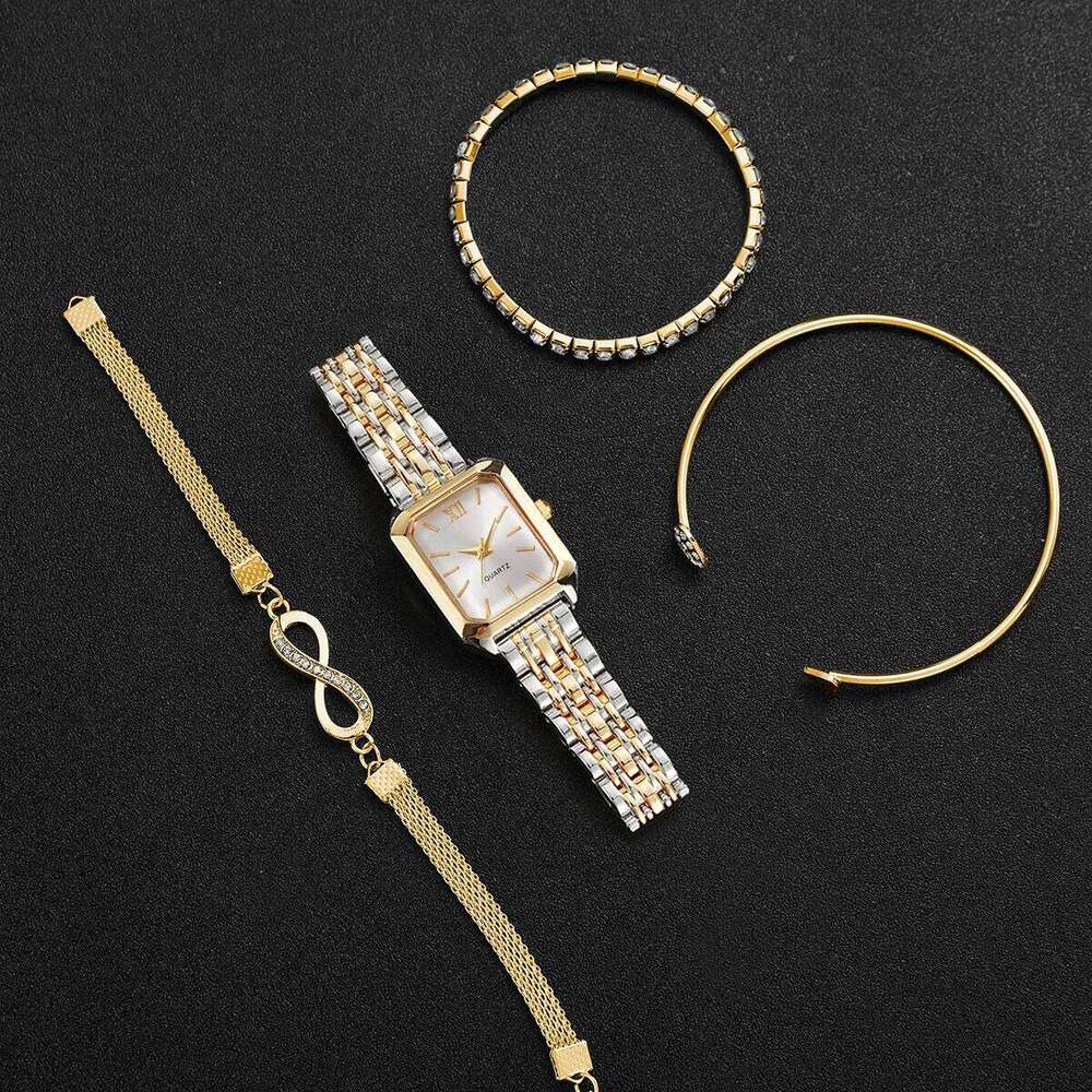 4PCS Elegant Women Rectangle Roma Dial Wristwatch Fashion Alloy Strap Quartz Watch With Diamond Bracelets Set Without Box XJ260303