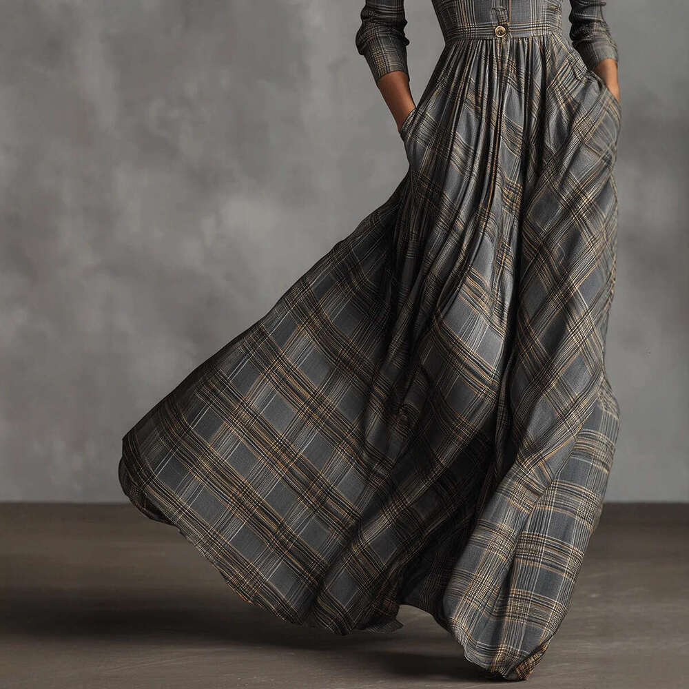 Elegant Womens Shirt Dress for Commute Leisure Grid Print Pleated Long Sleeve Dress with Pocket Autumn Office Dress