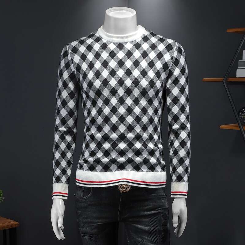 American European Autumn And Winter New Men's Sweater Knitted Pullover With Round Neck Plaid Slim Fit Plus Size Light Luxury Knitwear Luanyun