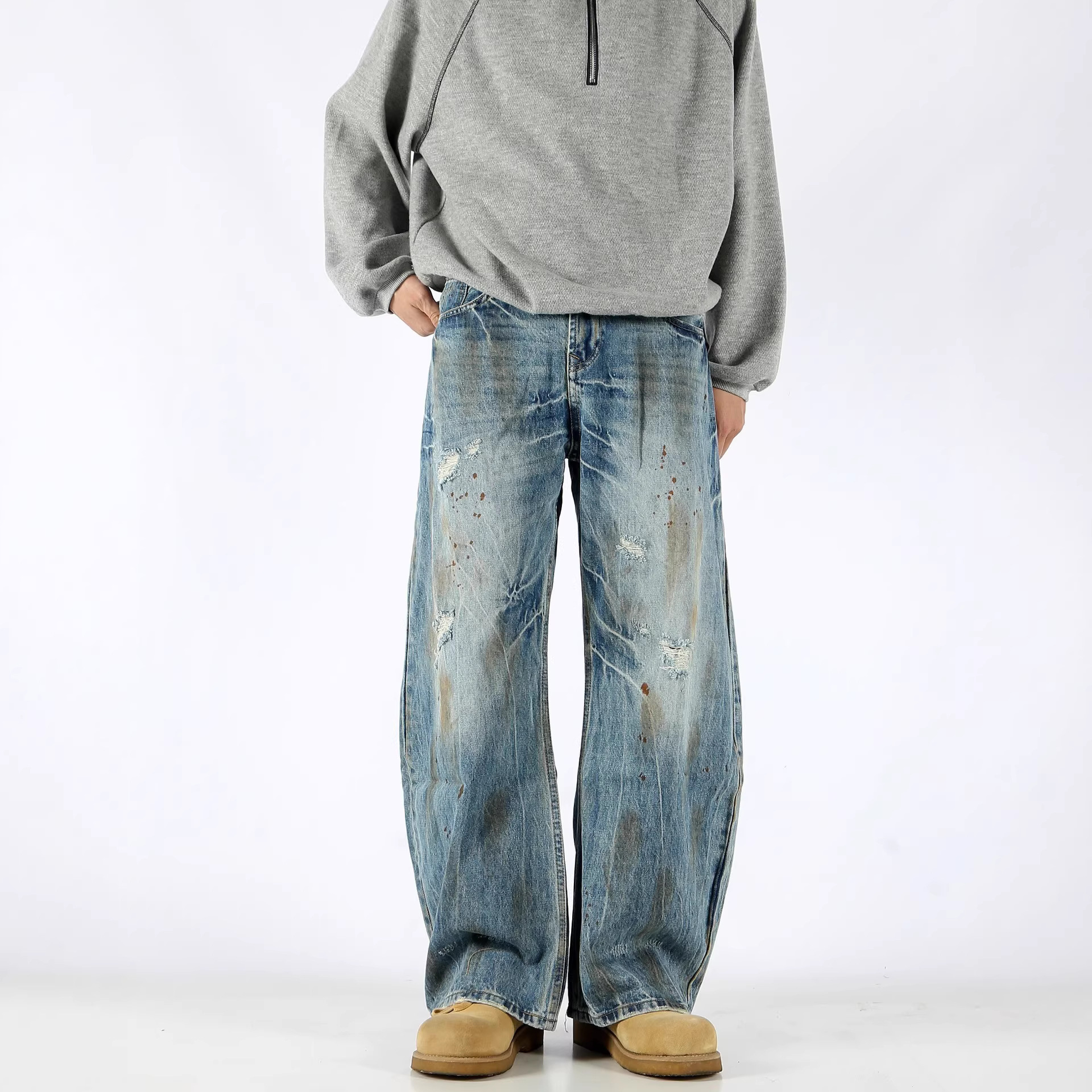 American Retro Cleanfit Sickle Jeans For Men And Women Trendy Loose Straight Vibe Curved Designer Pants Jeans Distressed Pants
