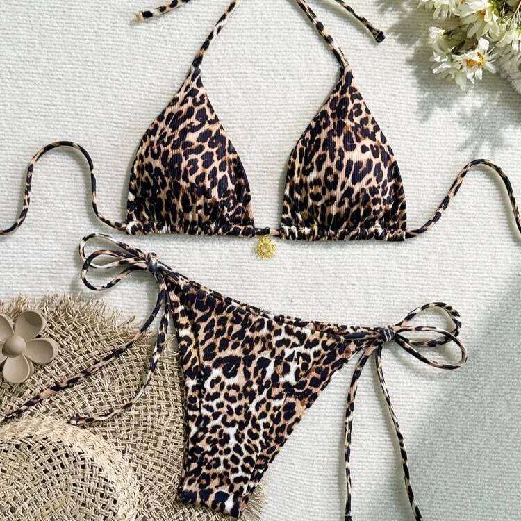 Summer Sexy Leopard Print Bikini Set Women Halter Neck Swimwear High Cut Triangle Top Hot Beachwear Trendy Bathing Suit New Y260303