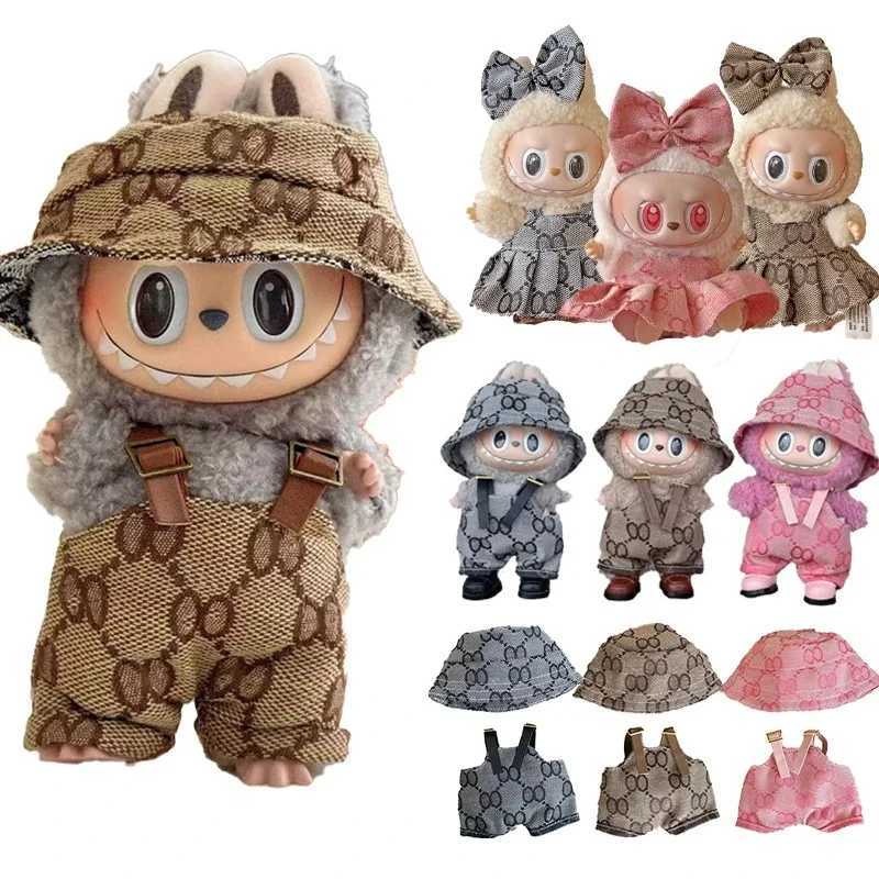 17cm Labubu Brown Monogram Overalls Hat Set, Luxury Retro Doll Outfit for V1 V2 V3 Party Accessories & GiftsT260304