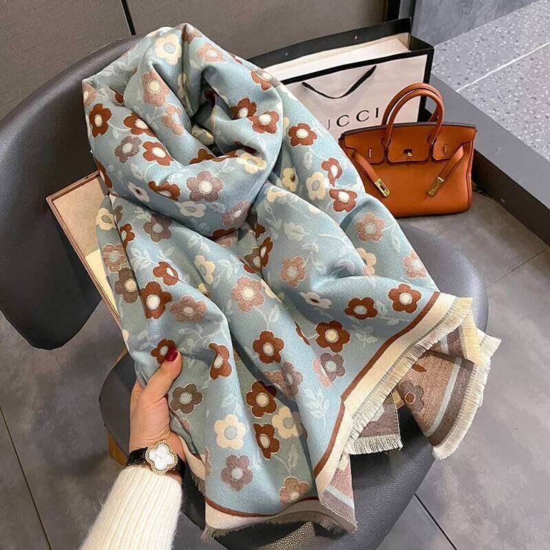 Thickened Warm Scarf Floral Tassel Pashmina Shawl For Women Faux Cashmere Warps Autumn Winter Coldproof Windproof Blanket XJ260304