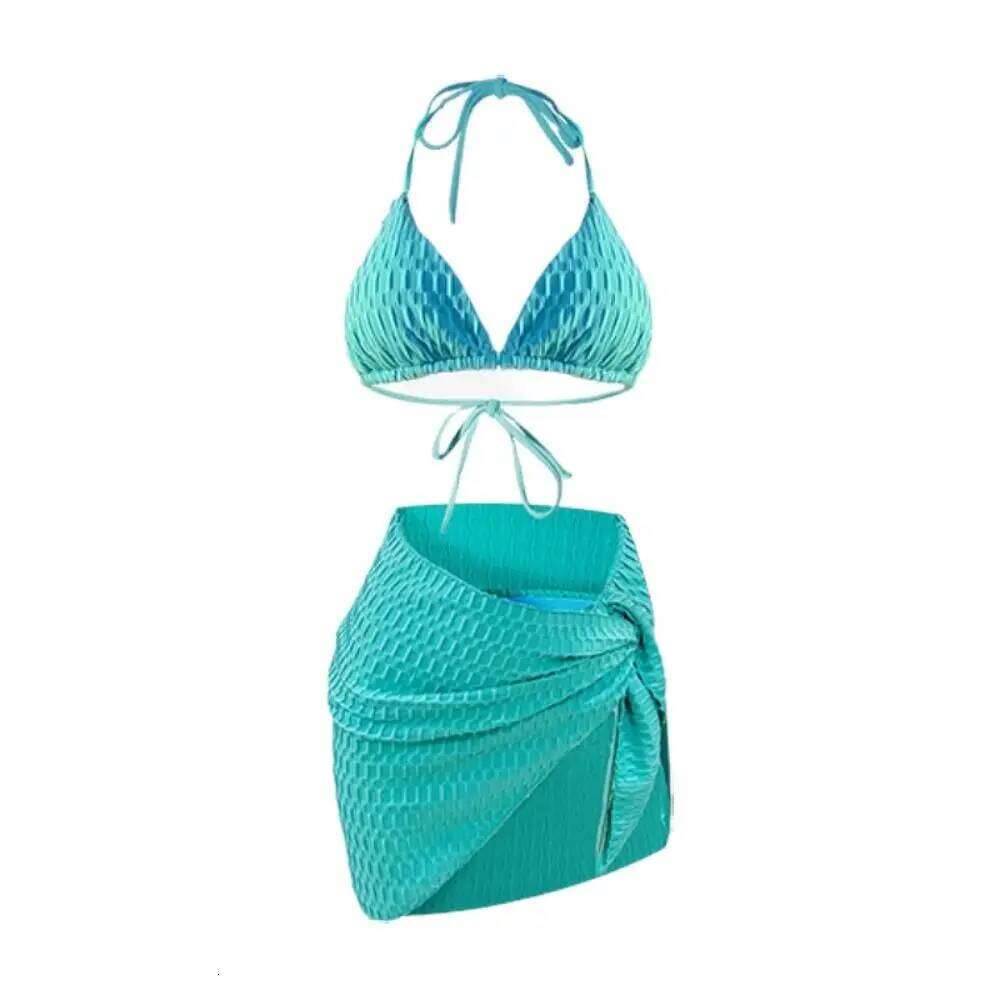Solid Color Swimsuit Suit Sky Blue Lace-up Design Bikini Set Mini Style Gathered Chest Halter Backless Hot Spring Y260303