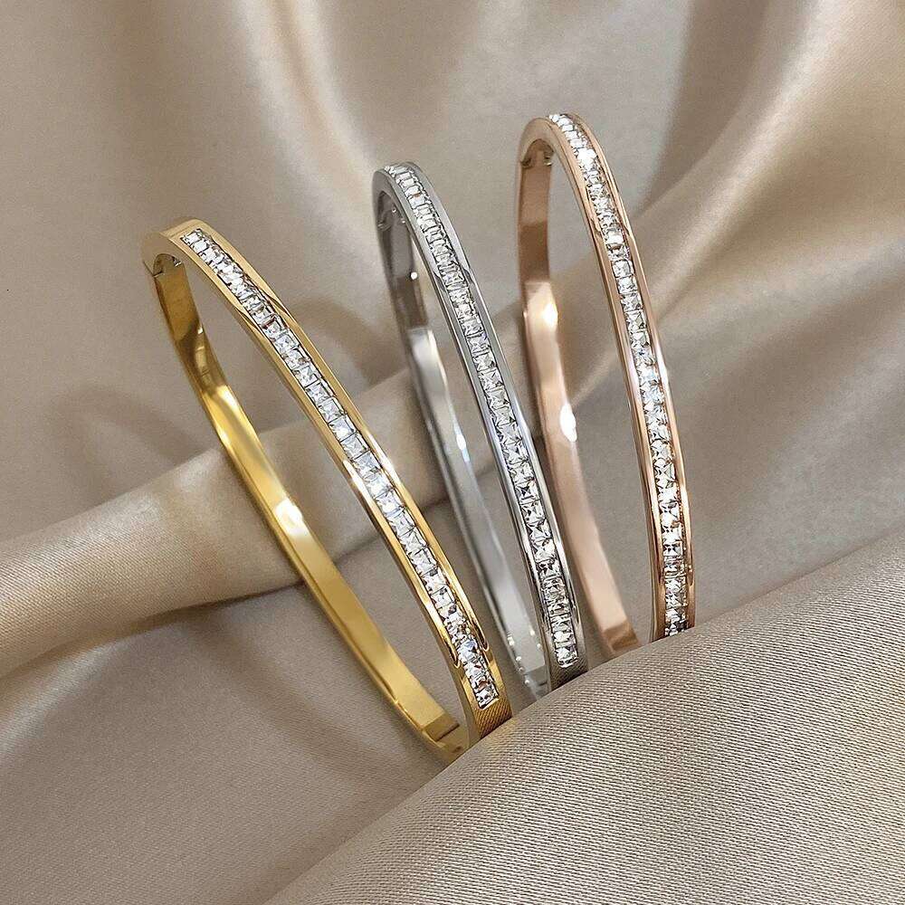 Glossy Rhinestone Stainless Steel Bangles Bracelets for Women Fashion Gold Silver Color Stacked Cuff Bracelet Jewelry Gifts XJ260303