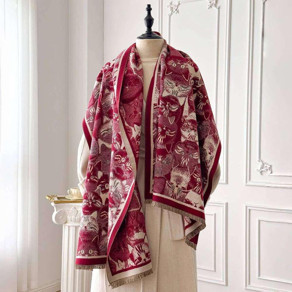 Women's Winter Fashion Warm Cat-Patterned Faux Cashmere Poncho - Thick Pashmina Shawl Wrap XJ260304