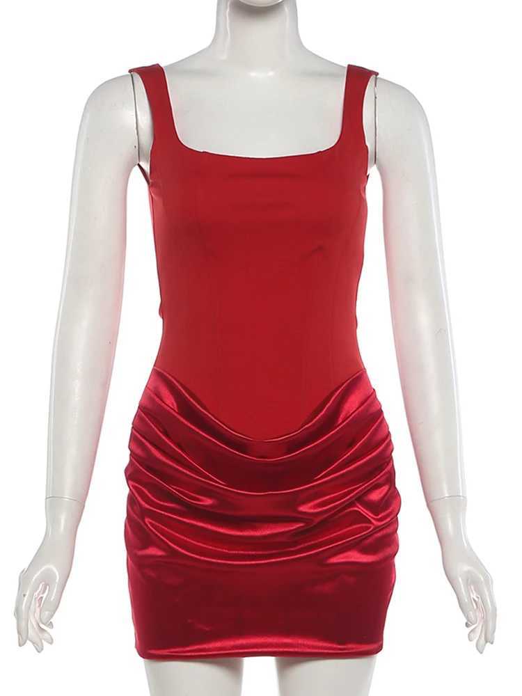 Weird Puss Elegant Christmas Dress Women Low Chest Sleeveless Ruched Patchwork Peach Hip Birthday Party Dating Skinny Clubwear M260304