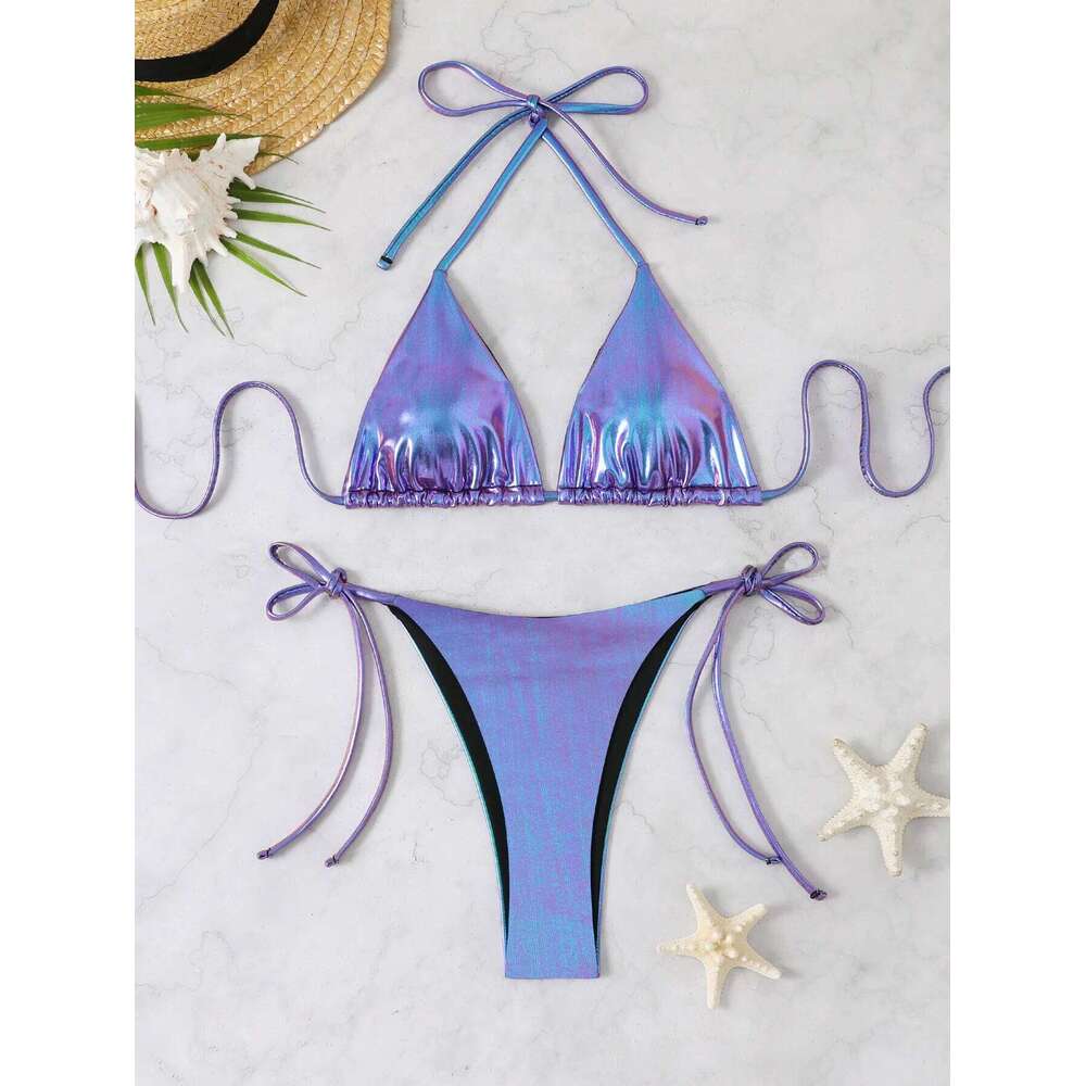 sexy metallic glitter halter tie micro bikinis sets two pieces solid thong bandage swimsuit bathing suit swimwear biquini Y260303