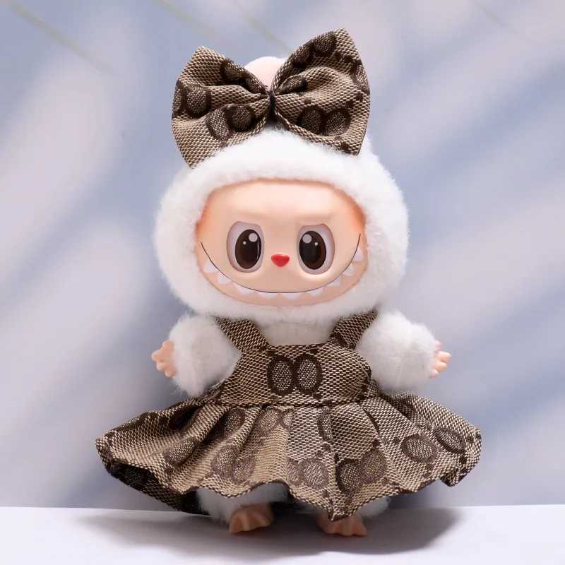 17cm Labubu Fashion Black Monogram Hat and Overalls Set, Doll Clothing for Party Game & DIY ToysT260304