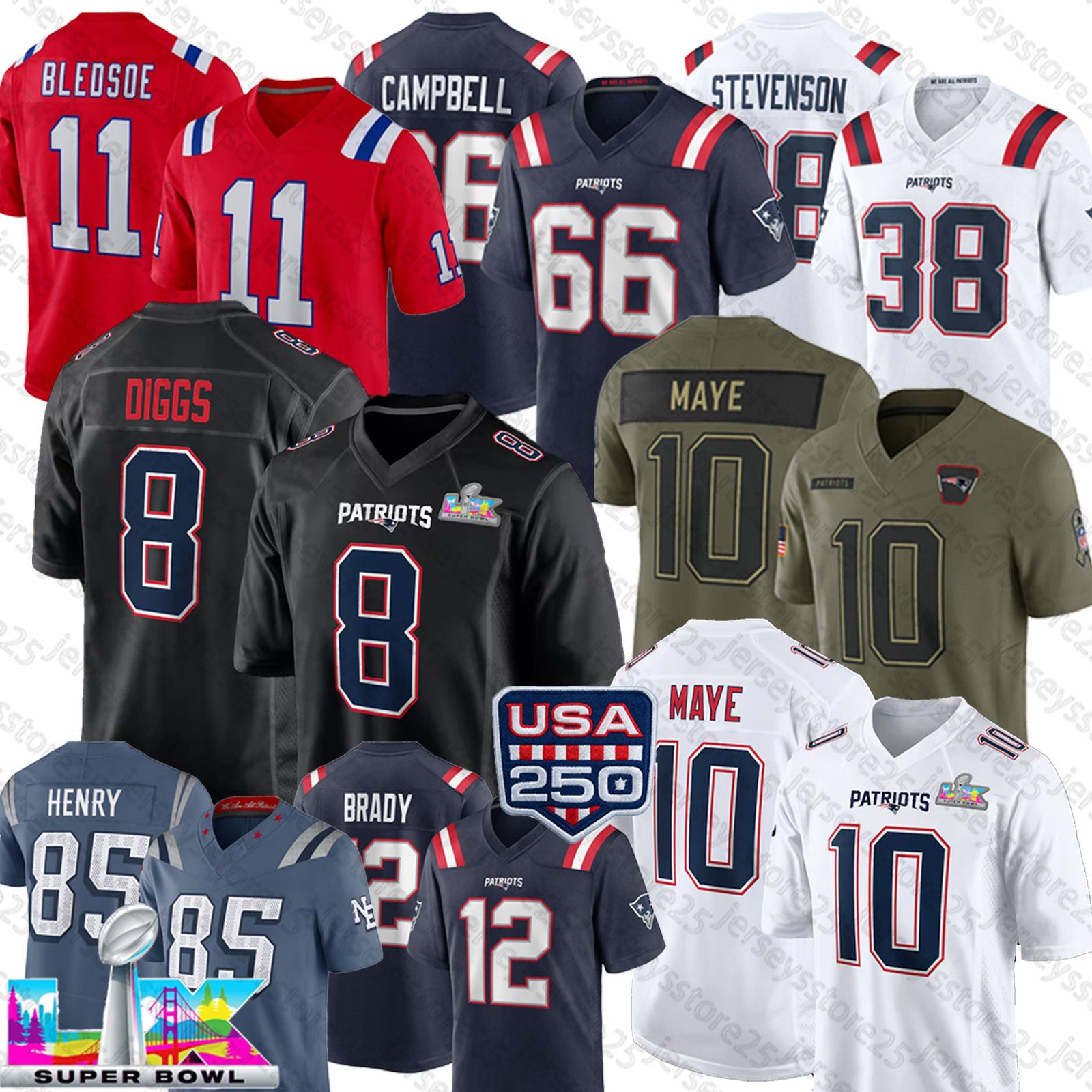Drake Maye Football Jersey Christian Gonzalez Stefon Diggs Will Campbell Hunter Henry TreVeyon Henderson Kayshon Boutte Super Bowl Patriot Jerseys