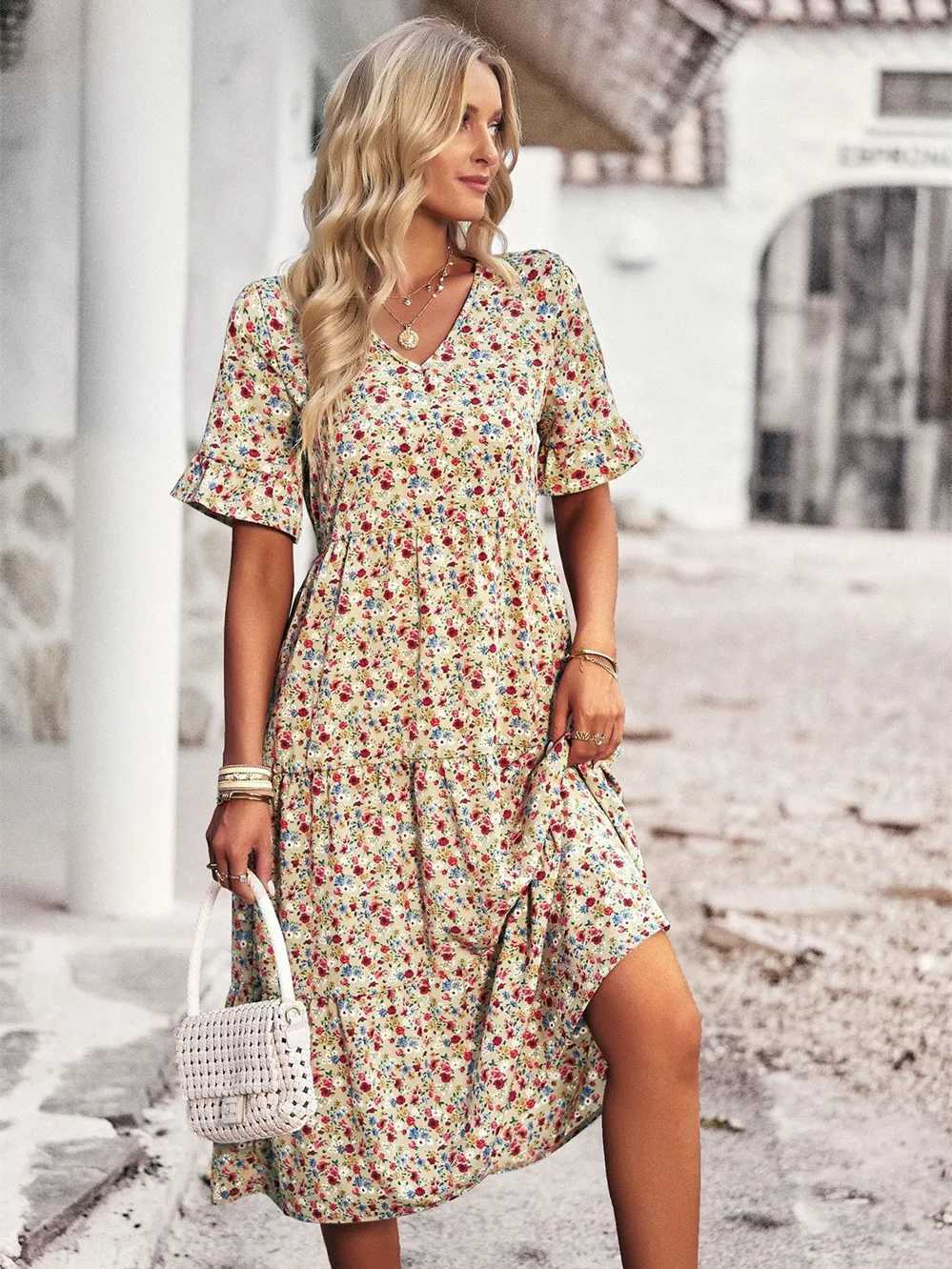 Summer Women V Neck Elegant Printed Short Sleeve High Waist A Line Floral Holiday Dress M260304