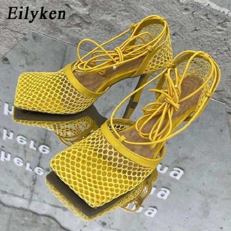 Eilyken Sexy Mesh Pumps Sandals Female Square Toe High Heel Lace Up Cross Tied Stiletto Hollow Dress Shoes Zapatos Mujer MOJIDASHU