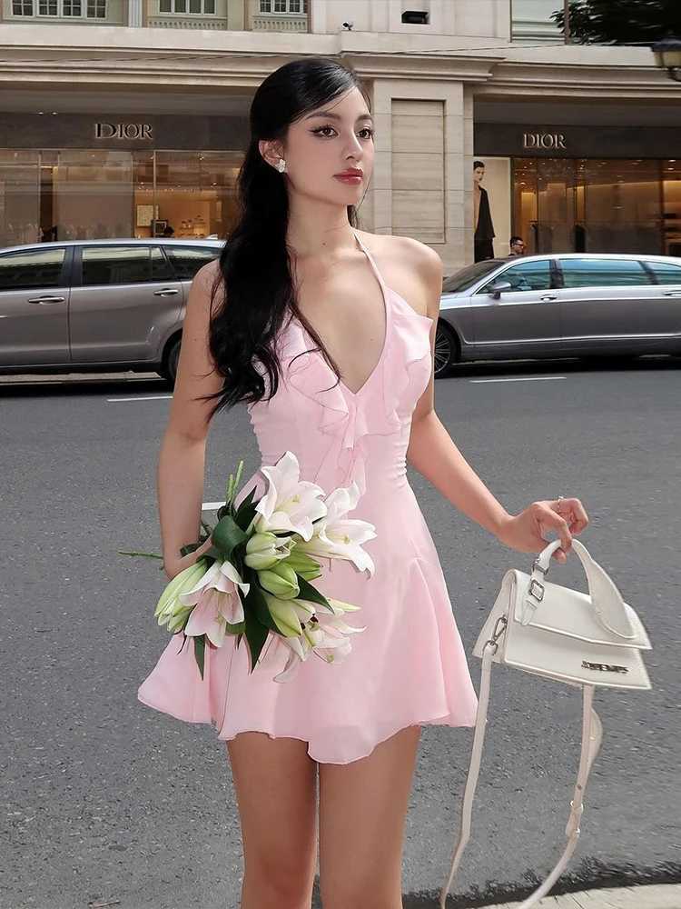 Nibber Halter Ruffles V-Neck Dress Women Backless Elegant Sexy Summer Fashion V-Neck Solid Birthday Party Clubwear Mini Bodycon M260304
