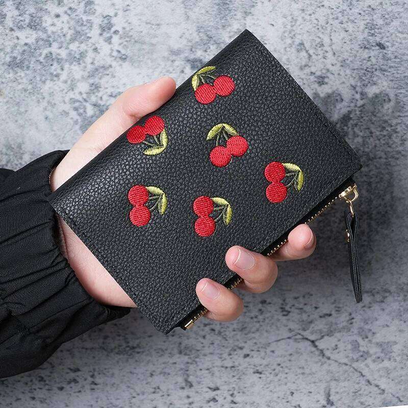 Women Vertical Buckle Cherry Embroidered Small Short Simple Wallet Girls Zipper Purse Women's Bag 2025 Card Bags C260304