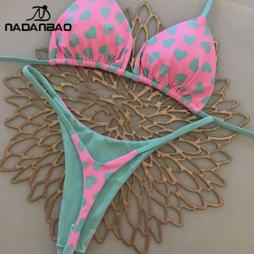 Nadanbao Sexy Heart Print Bikini Sets Women Fashion Backless Beach Party Swimwear Female Halter Plicated Two-Piece Swimsuit Y260303