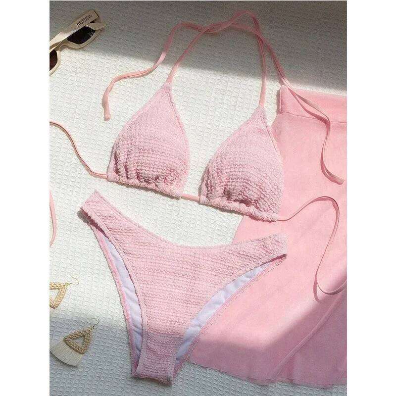 Pink Solid Color 3-piece Swimsuit Women 2023 Skirt Bikini V-neck Halter Backless Bathing Suit Summer Beach Swimwear Y260303