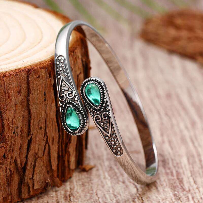 Vintage Ethnic Style Inlaid Imitation Natural Stone Elegant Open Adjustable Cuff Bracelet Women Men Party Jewelry XJ260303