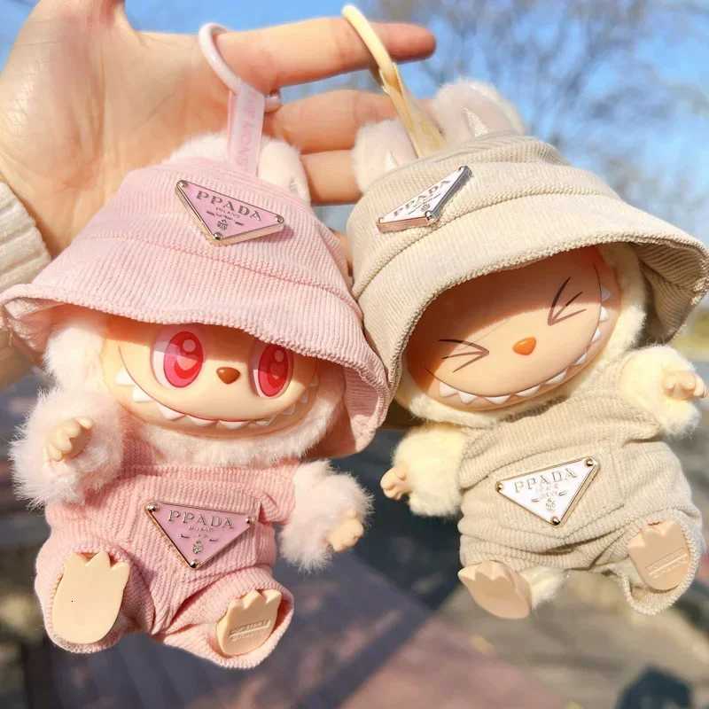 17cm Labubu Beige Corduroy Overalls & Hat Set, Luxury Doll Outfit with Triangle Logo for DIY Accessories & GiftsT260304