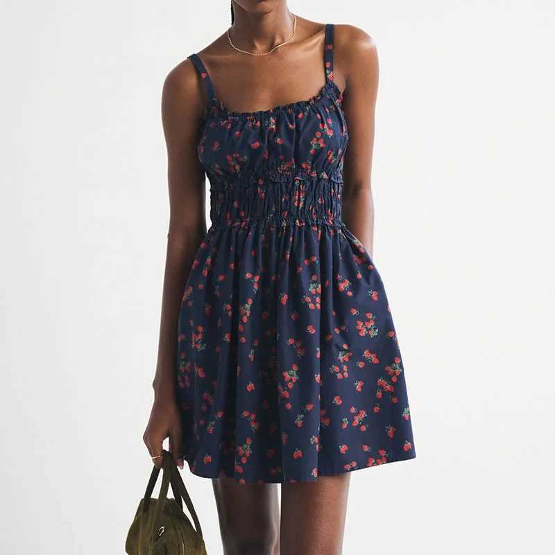 Lady Sexy Off Shoulder Sleeveless Mini Dress Elegant Floral Print Draped Suspender Dress Summer Fashion Hight Waist A-Line Dress a11 M260304