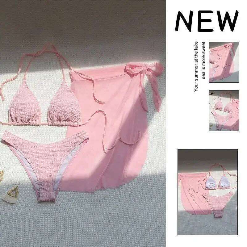 Pink Solid Color 3-piece Swimsuit Women 2023 Skirt Bikini V-neck Halter Backless Bathing Suit Summer Beach Swimwear Y260303