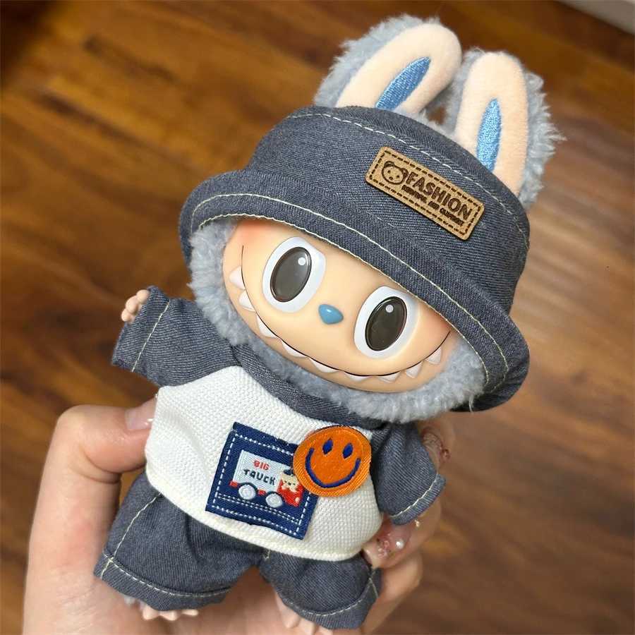 Cute Denim Workwear Set with Bucket Hat & Smiley Badge for 17cm V1/V2 Labubu Dolls DIY Kids GiftT260304