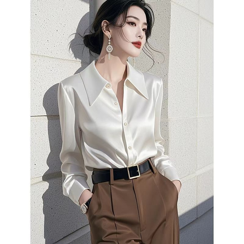 French Style Light Luxury White Acetate Satin Shirt For Women Polo Shirt Spring New High-end Designer Hoodie Designer Shirt Chic Unique Blouse Top
