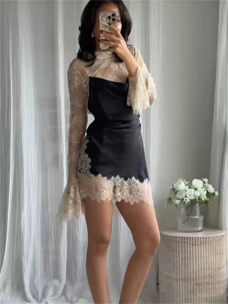 COOBBU Lace Patchwork Mini Dress Women Elegant Full Flared Sleeve Waist Cinching Slim Mini Dresses 2026 Lady Street Chic Gown M260304