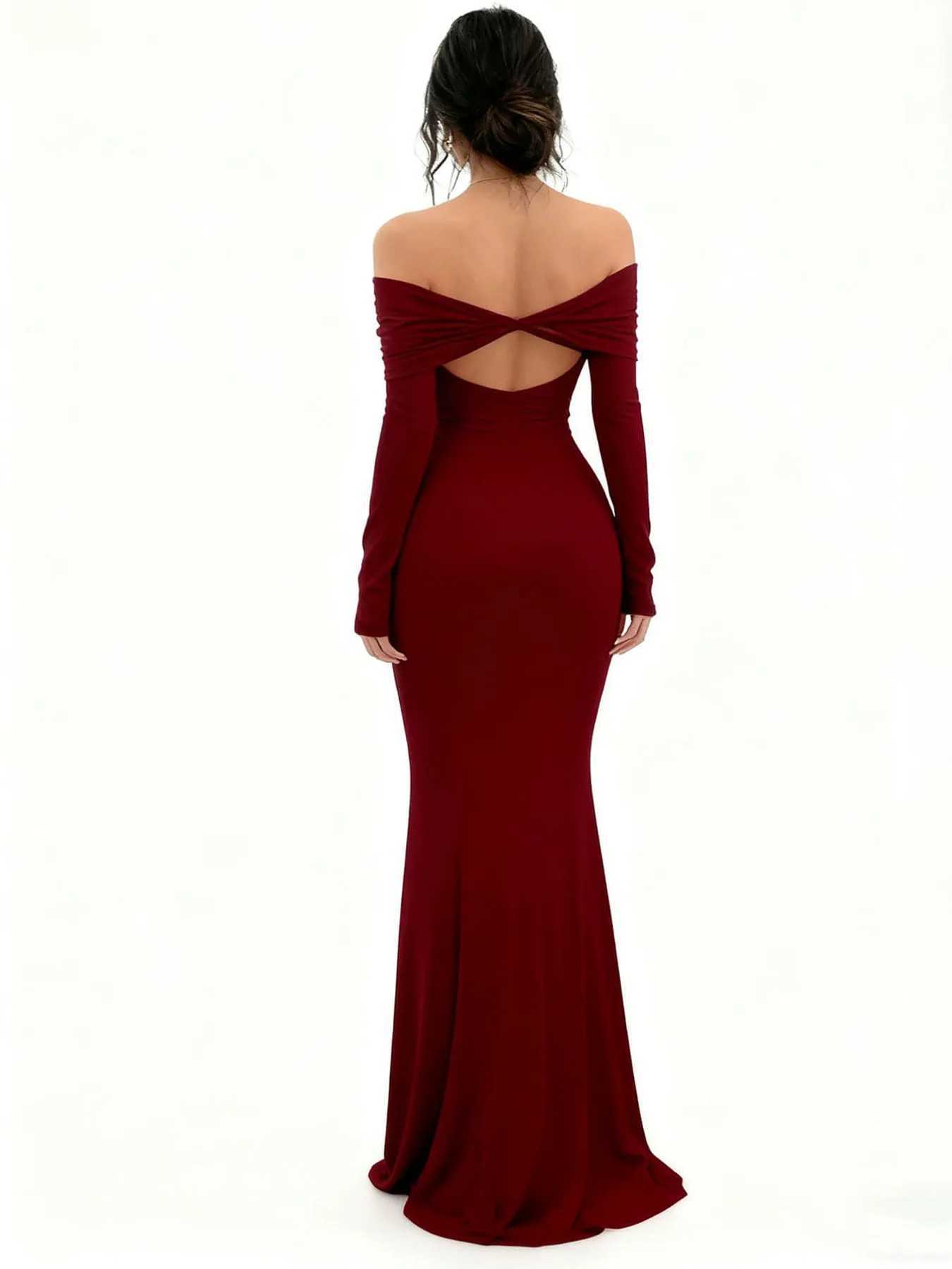 Womens Off-Shoulder Bodycon Dress - Long Sleeve High Slit Bandage Dress Chic Figure-Hugging Midi M260304