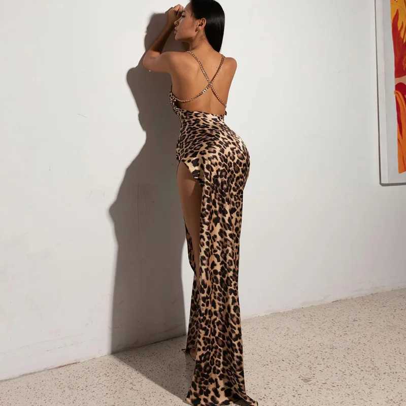 Leopard Sleeveless Slit Backless Dress Summer Women Spaghetti Strap Dresses Fashion Sexy High Waist Slim Camisole Party Vestidos M260304