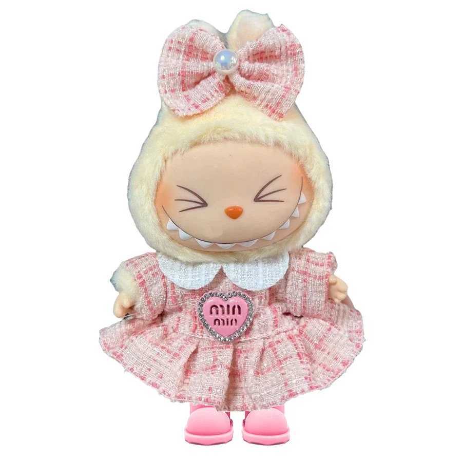 17cm Labubu Pink Tweed Dress & Bow Set, Cute Fashion Doll Outfit with Heart Badge for Plush Doll AccessoriesT260304