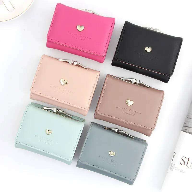 New Candy Fashion Women Coin Purse Leather Solid Color Vintage Short Wallet Heart Hasp Ladies Girls Card Holder Clutch Bag C260304