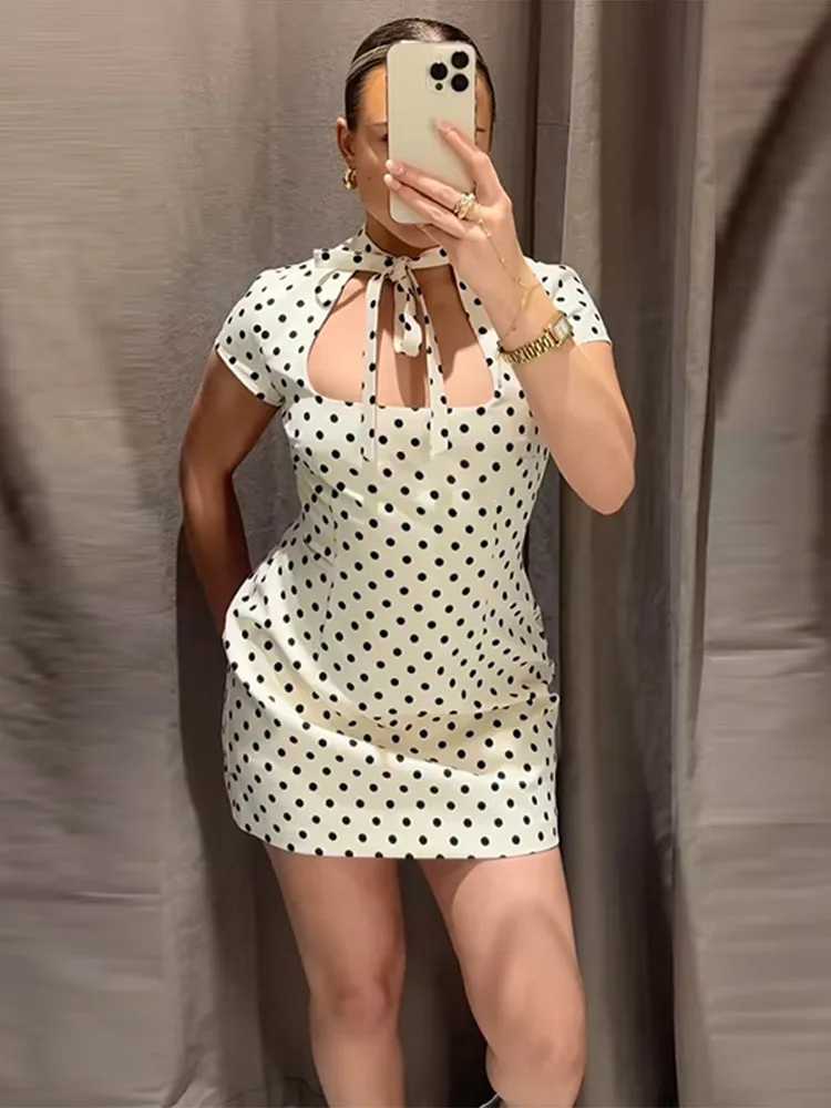 Fashion Polka Dot Mini Dress For Women 2026 Spring Summer Short Sleeve Lace Up Collar Party Dress Lady Bodycon Evening Vestidos M260304