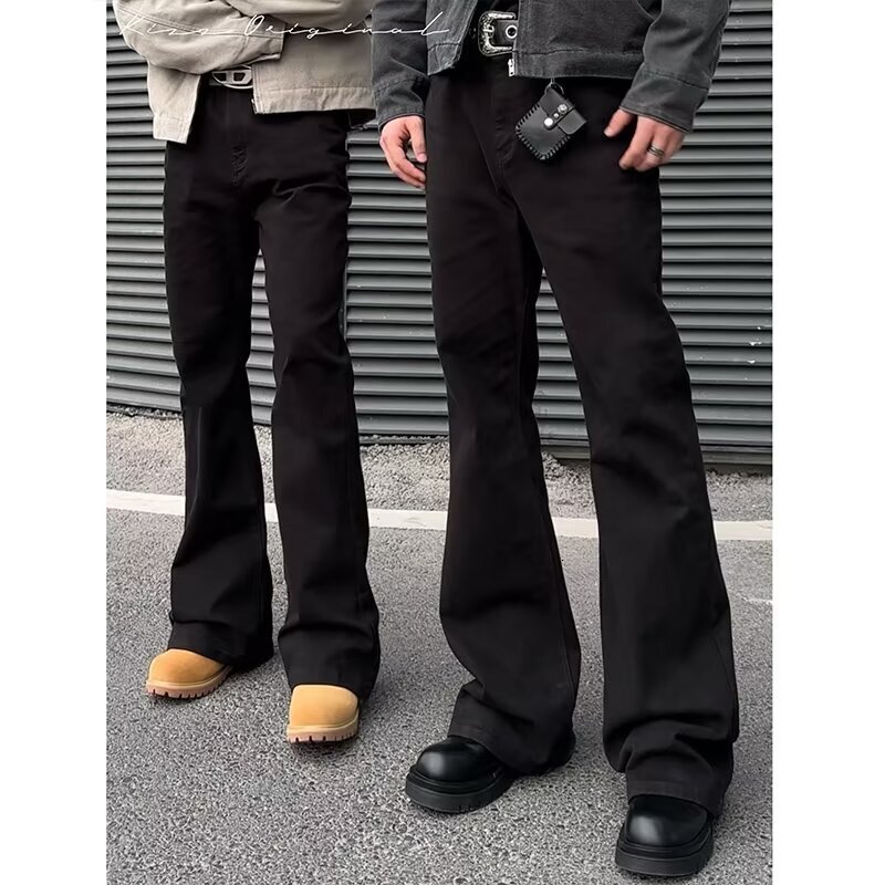 Black Designer Pants Fleece-lined Straight-leg Pants Slightly Flared Jeans Men Cleanfit American High Street Stretch High Waist Slim Pants