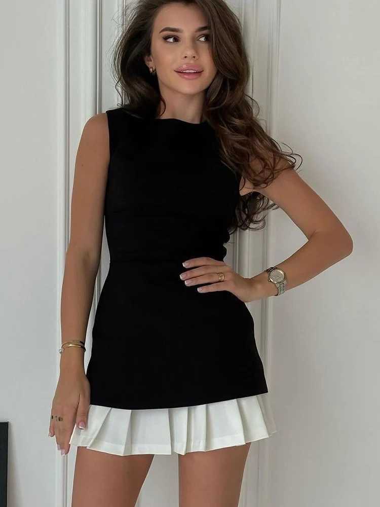 Lady Office Commute High street Mini Dress Elegant Patchwork Pleated Short Dress For Women Fashion Slim Sleeveless Vestidos M260304