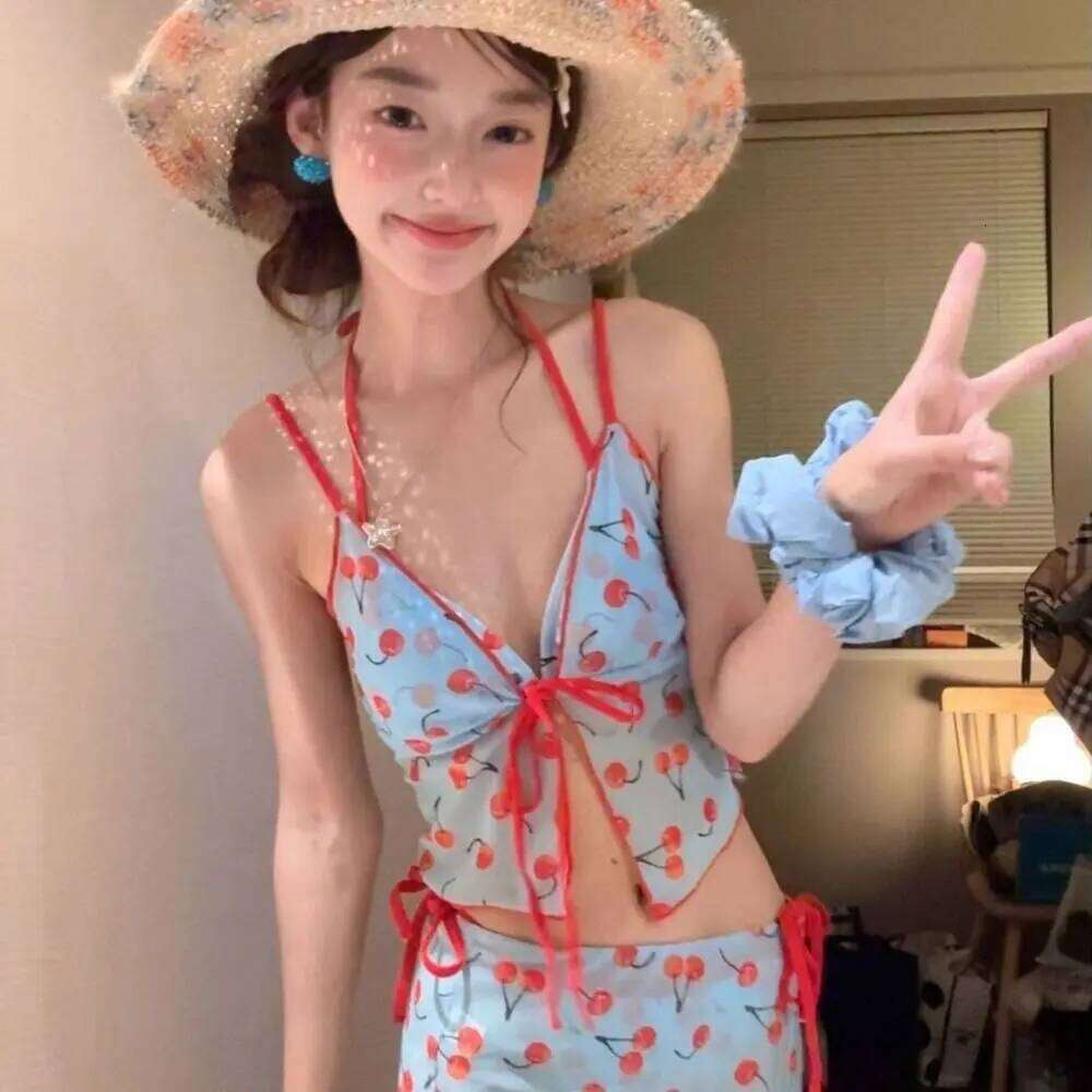 Desire Pure Color Cherry Bikini V Neck Mesh Lace Sexy Swimwear Wrap Skirt Push Up Four Piece Set Summer Holiday Y260303