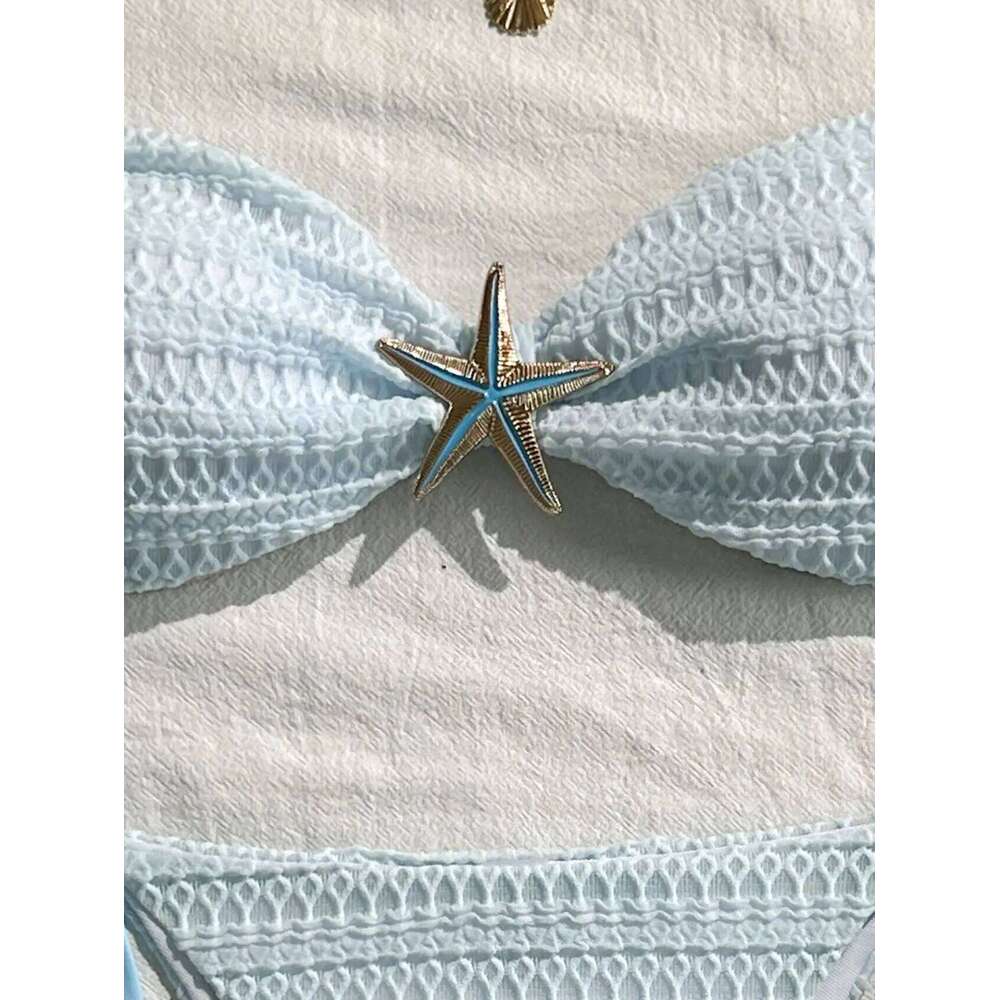 Sexy Sky Blue Micro Bikini 2026 Women Metal Starfish Ornament Pleate Push Up Tie Side Thong Swimsuit Beach Bathing Suit Swimwear Y260303