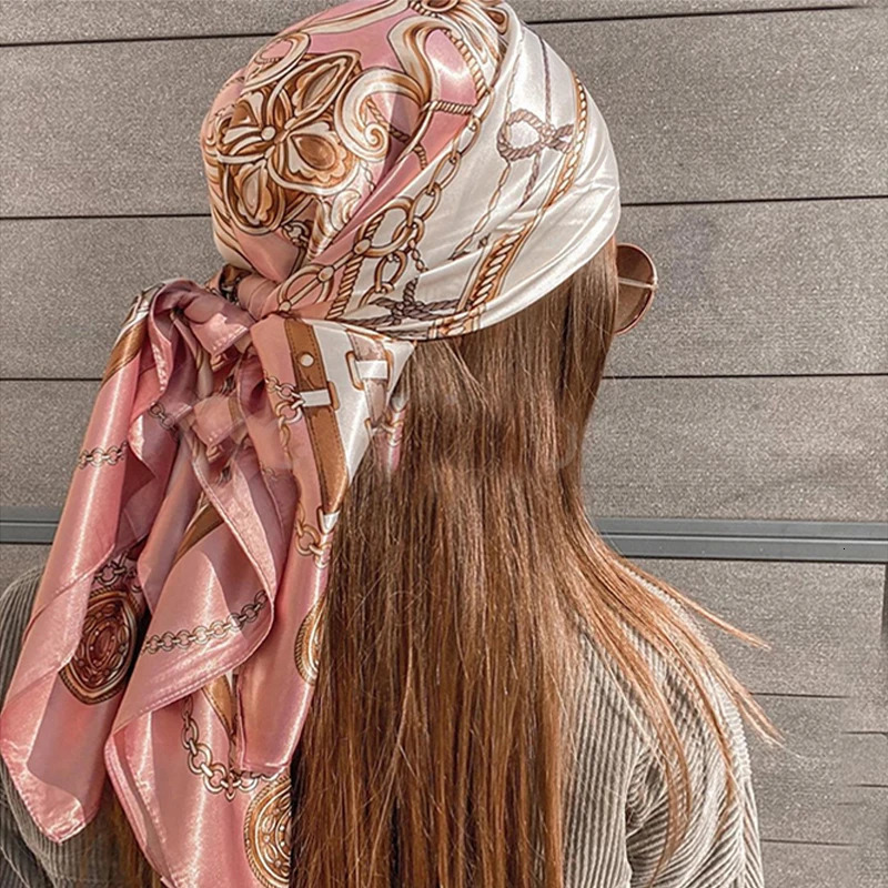 1PCS 9090cm Square Silk Scarve Hijab Shawls Fashion Print Kerchief Femme Head Scarf Foulard Bandana Beach Pareo 260302