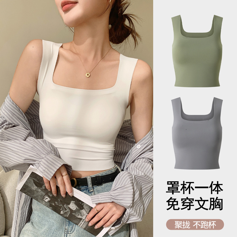 H581 Ice Silk Designer Hoodie Square Neck Camisole For Women New Tank Designer Polo Shirt Shirt Top With Built-in Bra Pads