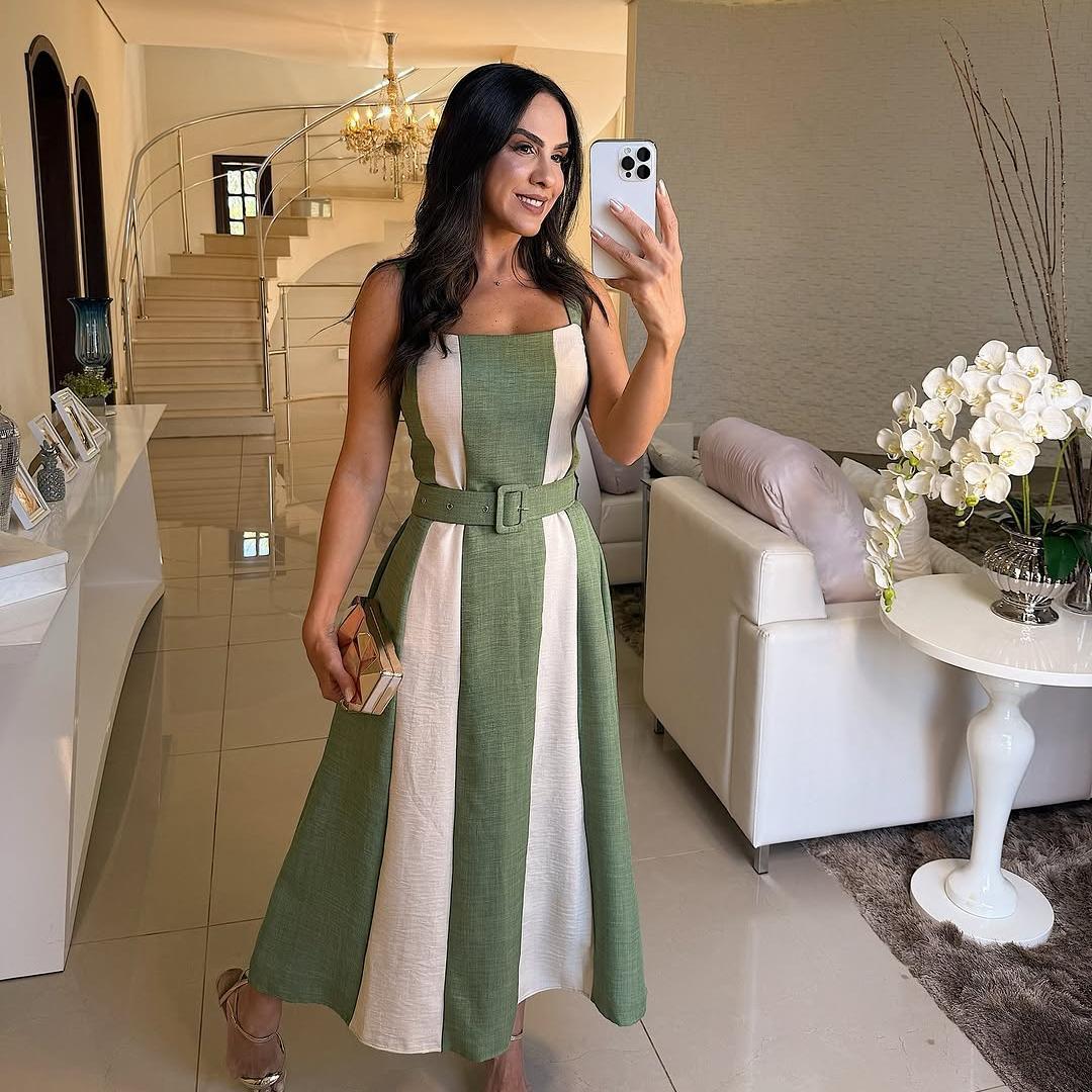 2025 Summer New Sleeveless Fashionable Sexy Backless Color-Block Belted Long Dress for Women 240727wtt