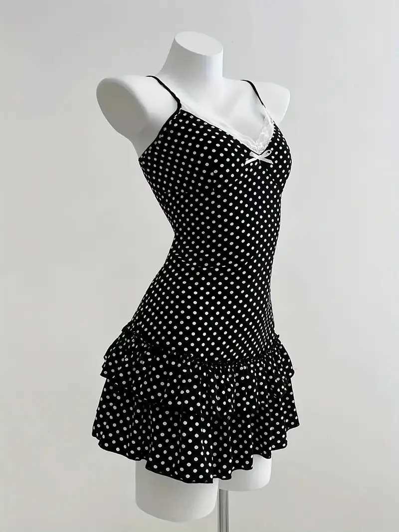 2026 New Arrival Women Y2K Black Polka Dot Cami Mini Dress V Neck Slim Fit Ruffle Hem Party Dress M260304