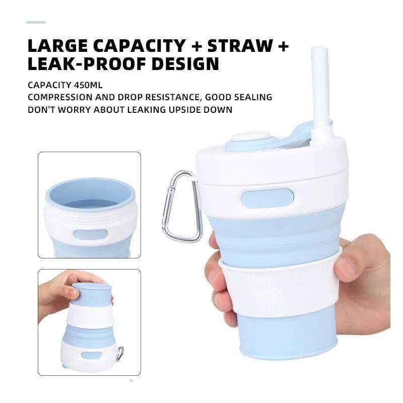 450ML Folding Retractable Cup Silicone Portable Teacup Outdoor Travel Coffee Telescopic Drinking Mug With Lid And Straw S260303