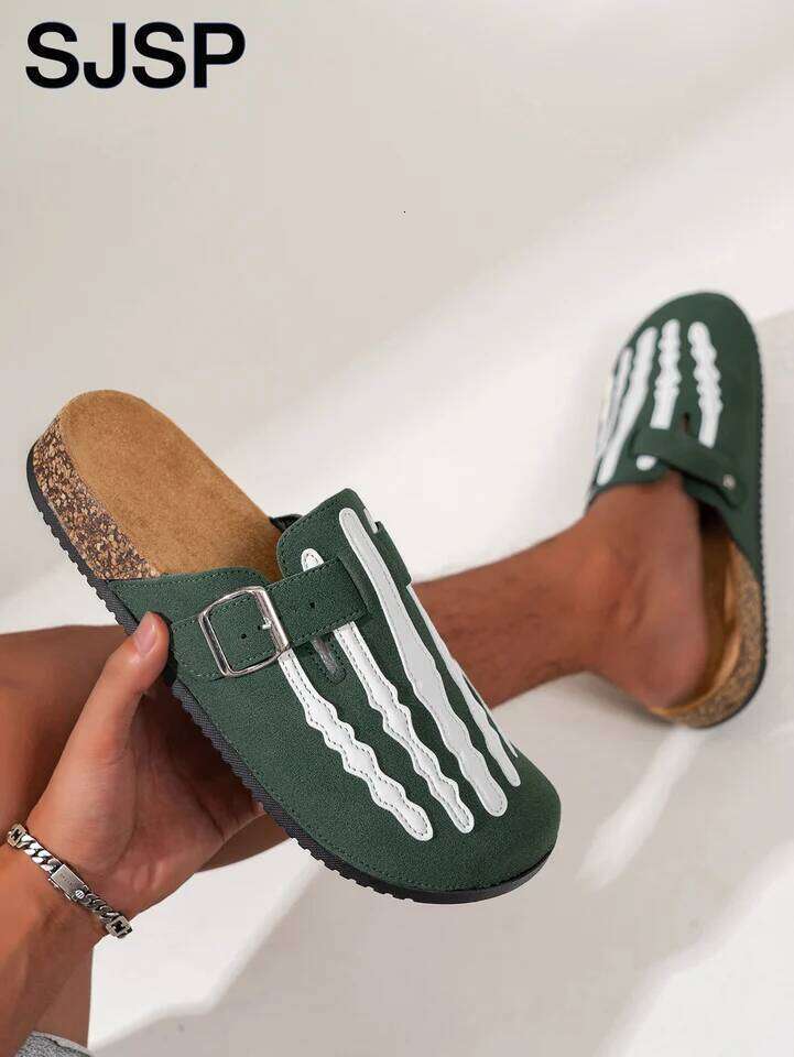Men's New Half-Slip Halloween Trendy Skeleton Print Slip-On Closed-Toe Low-Top Buckle Strap Casual Slippers, Indoor Outdoor Wear, Spring, Summer,