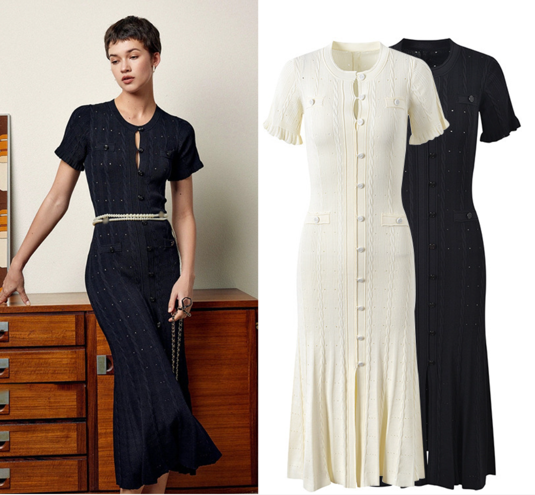 Sandro Dress Frech Designer 2026 Summer Sandro Dress Cross-Border Fashion Elegant Slim French Style Dress Short Sleeve Round Neck Long Knitted Sleeve Dress
