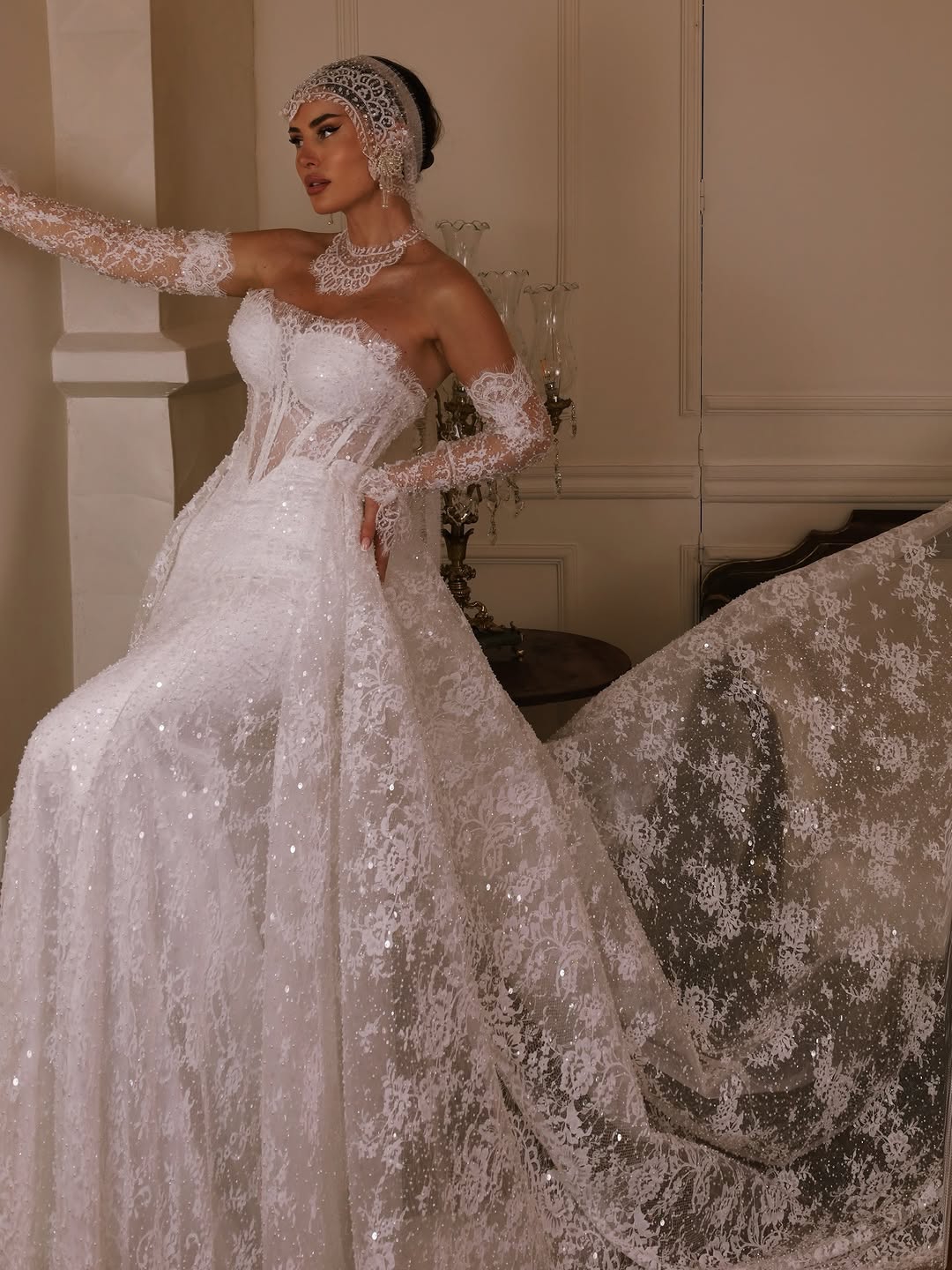 Vintage A Line Women Wedding Strapless Removable Sleeves Bridal Gowns Sequins Lace Detachable Train Dress Custom Made Vestidos De Novia D0306