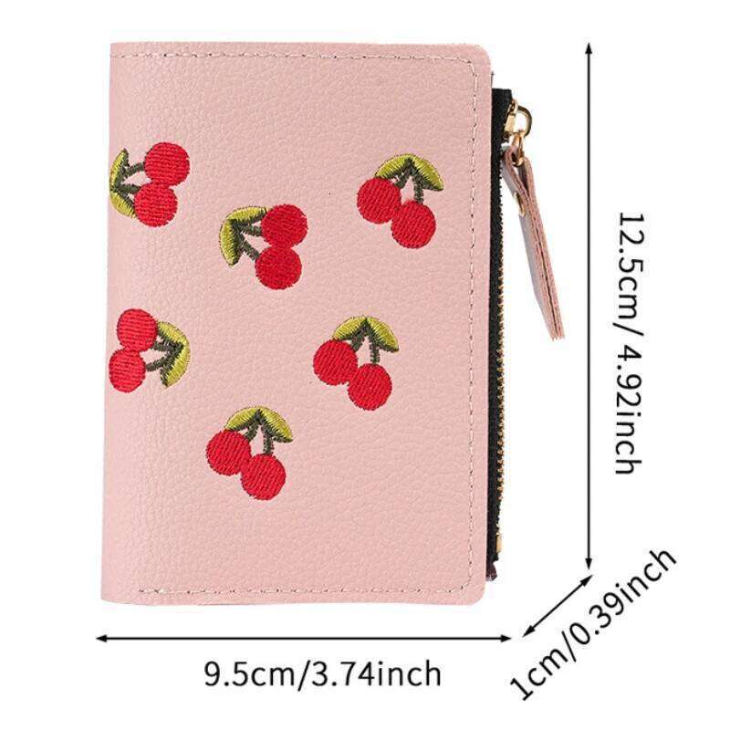 Women Vertical Buckle Cherry Embroidered Small Short Simple Wallet Girls Zipper Purse Women's Bag 2025 Card Bags C260304